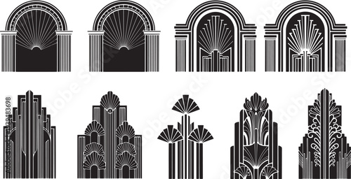 Collection of ornate architectural elements and building facades in art deco style