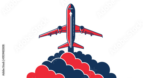 Red airplane taking off from a cloud of red and blue smoke