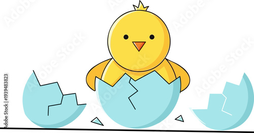 Cute yellow chick hatching from blue cracked eggshell vector illustration on transparent background