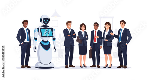 Business team collaborating with robot in modern office setting