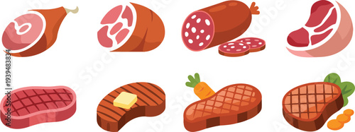 Raw and Grilled Meat Cuts Collection Vector Illustration for Butcher Shop Menu Barbecue Restaurant and Food Design Concept