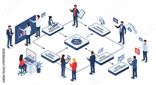 Business professionals engaged in data analysis and machine learning process