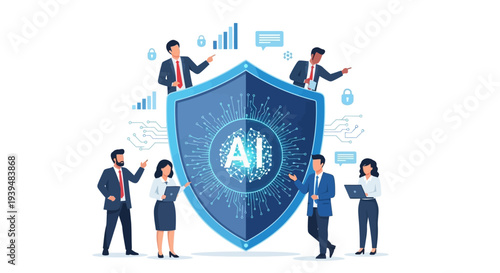 Business professionals protecting AI data with secure shield