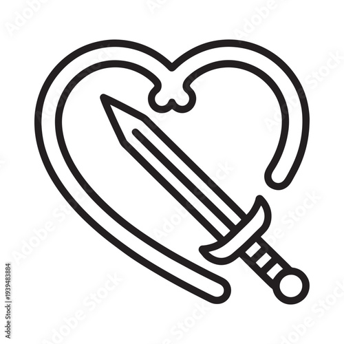 A black and white illustration of a heart pierced by a sword