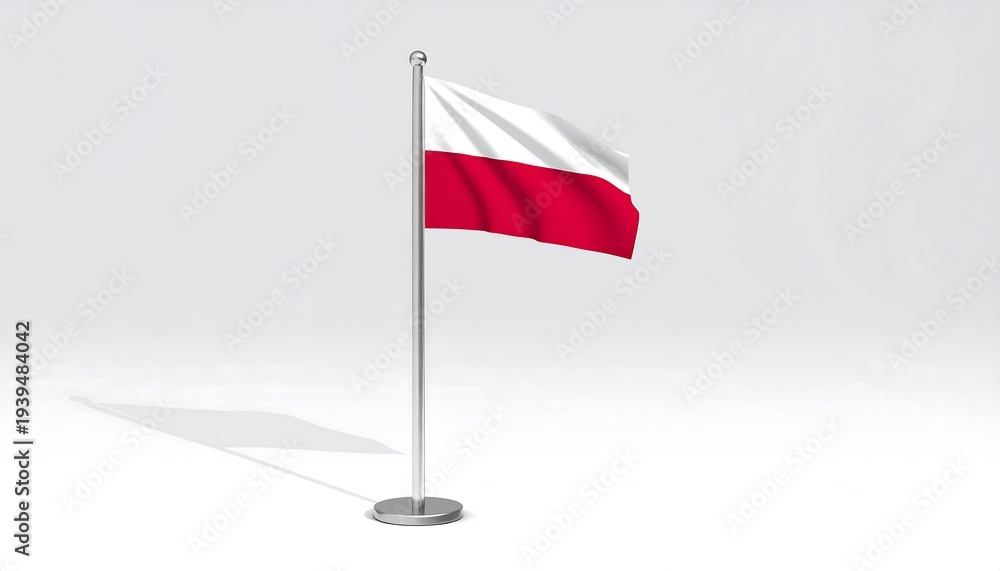 Naklejka premium White and red flag flapping on a silver pole, casting a shadow on the stark white floor and background