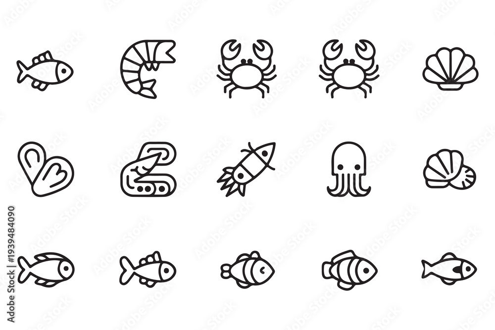 Fototapeta premium Collection of shark skeleton icons in black and white flat style