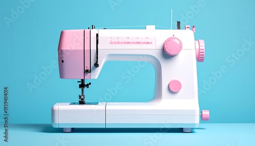 White and pink sewing machine on a turquoise background