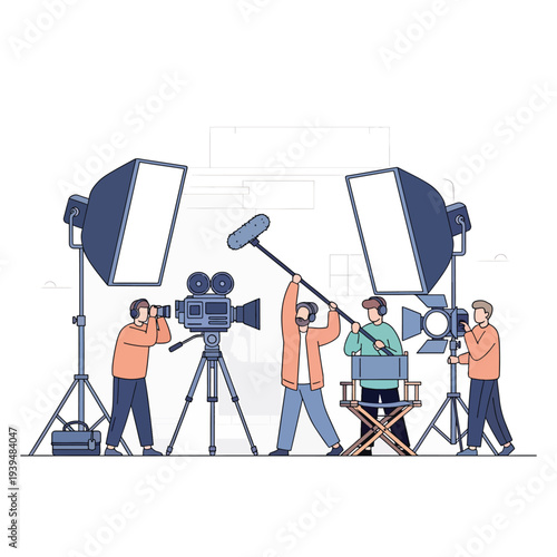 Film Crew Recording Scene with Camera Equipment.