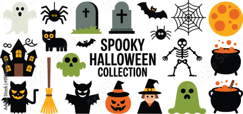 Spooky Halloween vector collection featuring ghosts spiders gravestones haunted house black cats and pumpkin lanterns for festive holiday design