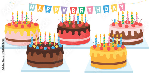 Vibrant birthday cake vector set featuring tiered chocolate and fruit cakes with colorful candles and celebration bunting