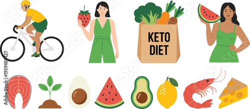 Vibrant keto diet lifestyle vector set featuring healthy food icons characters and a cyclist in a clean flat design style