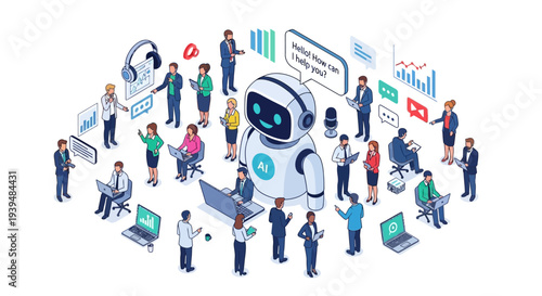 Business professionals interacting with AI robot in modern office setting