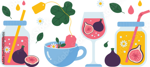 Vibrant summer beverage vector set featuring fig infused tea fruit juice and cocktails in a clean flat design style