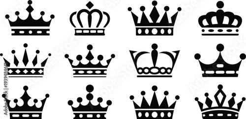 Black crown silhouette icon set featuring various royal king and queen headwear designs for luxury branding premium quality symbols and decorative heraldry elements