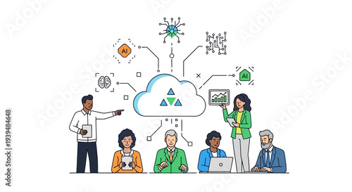 Diverse team collaborating with cloud computing and AI technology