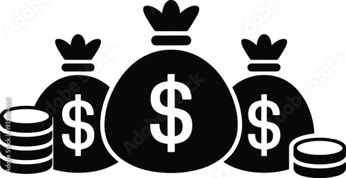 Black flat vector icon of money bags with dollar signs and stacked coins for finance and banking concept isolated on white background