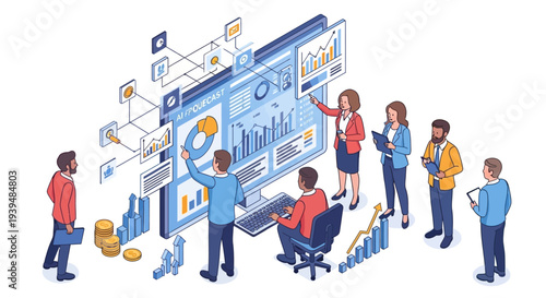 Business team analyzing data on large computer screen with graphs