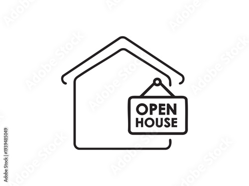 Open house sign hanging on residential building icon for real estate marketing and events