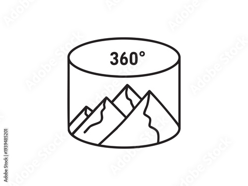 Panoramic 360 degree virtual tour icon with mountain landscape inside cylindrical viewport
