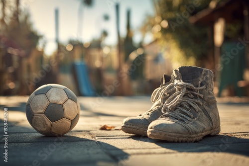 Old soccer shoes and ball on playground, childhood nostalgia at sunset