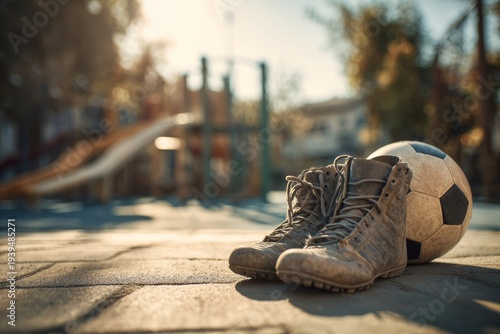 Worn soccer boots and ball on playground, nostalgic sunset scene