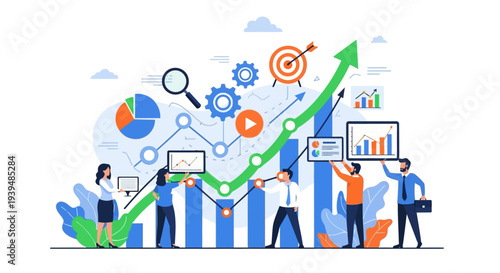 Business team analyzing growth with charts and graphs in modern office