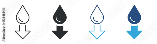 Water Drop Down Arrow Icon Set, Liquid Download Symbol, Hydration or Fluid Transfer Concept, Vector Illustration