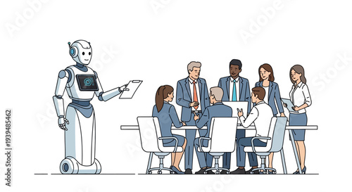 Robot presenting data to diverse business team in modern meeting