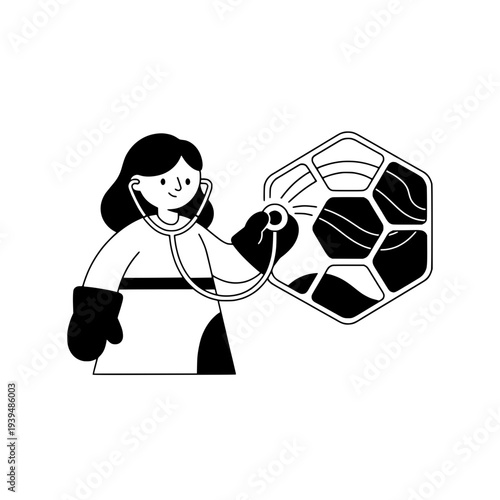 Beekeeper character illustration with minimalist style or Organic beekeeper checking hive with modern illustration style