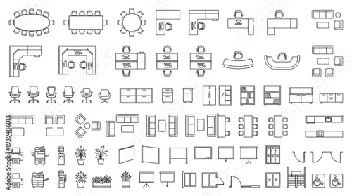 Top View Corporate Office Furniture Floor Plan Vector Icon Set Thin Line Workspace Layout Blueprint Symbols