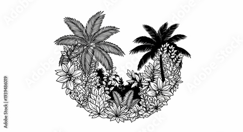 Lush tropical foliage and palm trees form a dense, organic frame