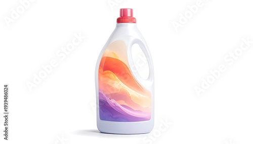 White plastic bottle with abstract orange and purple label, pink cap, on white background