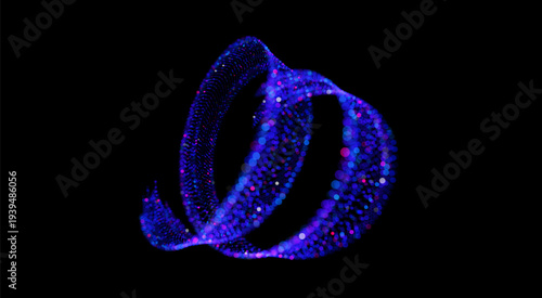 Vector illustration of dynamic, glowing spiral in vibrant neon colors (blue, purple, pink) on black backdrop. Retrofuturistic aesthetic of synthwave, outrun, and 80s retro gaming. Light spiral element