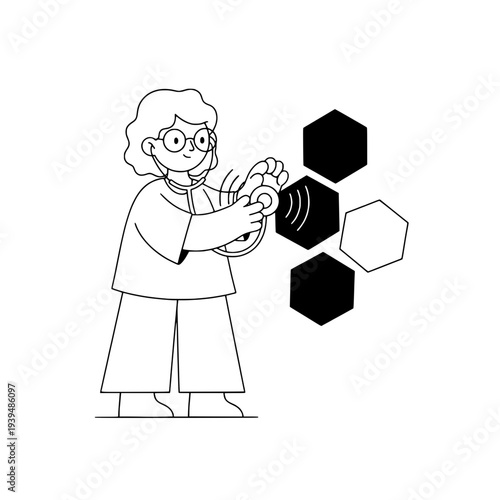 Line Art Beekeeper Illustration or Black and White Honeycomb Graphic