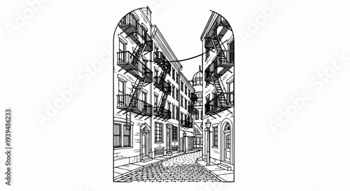 Narrow cobblestone street lined with old buildings featuring fire escapes