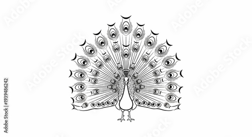 Ornate black and white illustration of a peacock displaying its elaborate fan tail feathers