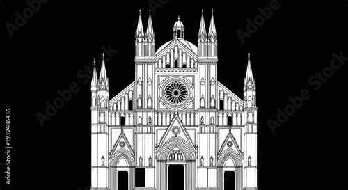 Ornate Gothic cathedral facade with rose window and spires