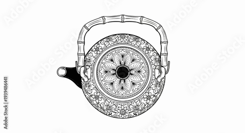 Ornate kettle with bamboo handle and floral design