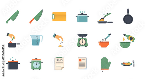Cooking Process and Kitchen Utensils Flat Vector Icon Set