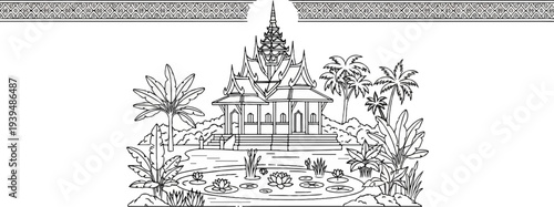 Ornate pavilion surrounded by tropical flora and a tranquil pond