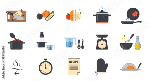 Cooking Process and Kitchen Utensils Flat Vector Icon Set for Food Preparation and Recipes