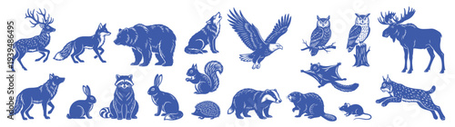Large collection of blue forest animals and wildlife silhouettes including deer bear fox wolf eagle and owl for nature design isolated on white background vector illustration set