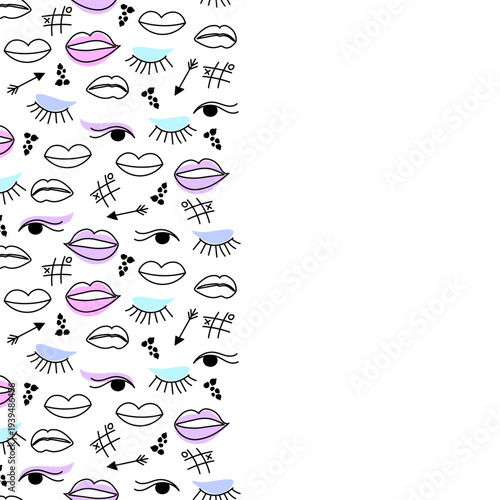 Makeup doodle pattern with lips, eyes, eyelashes, arrows and tic tac toe symbols arranged in vertical colorful seamless layout isolated on white background