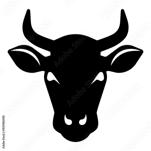 Bull head silhouette with horns and strong facial expression. Livestock farming mascot, organic beef butcher, cattle ranch symbol, and steakhouse logo icon.