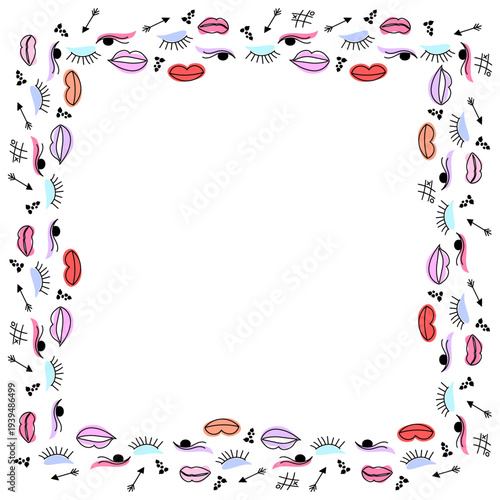 Makeup doodle frame with lips, eyes, arrows and tic tac toe symbols forming square colorful border isolated on white background.