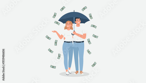 Couple Under Umbrella with Falling Money, Illustrating Financial Security, Wealth, and Income Protection Concept