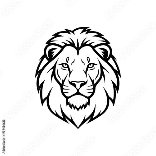 Bold black and white outline illustration of a majestic lion head with a fierce expression
