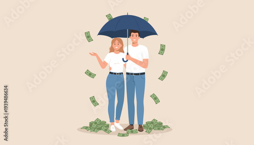 Wealth Accumulation and Financial Success with Couple Under Money Rain and Piles of Cash on Ground Illustration