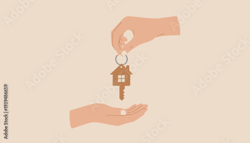 Real Estate Transaction: Handing Over House Keys to a New Homeowner or Tenant with House Keychain