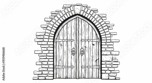 Ornate wooden double doors set within a rough stone archway
